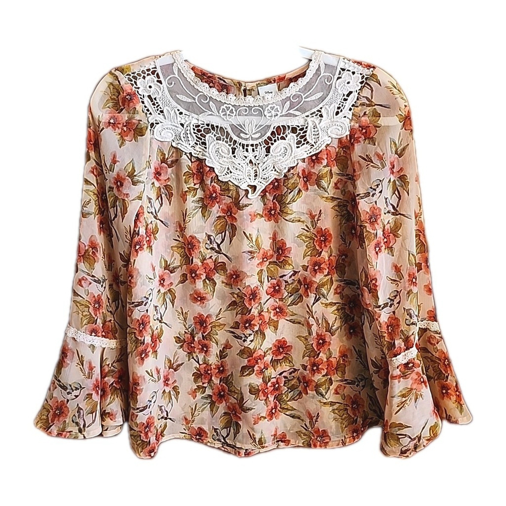 Disney Lauren Conrad Womens Floral Lace Bell Sleeves Blouse Size Small A2